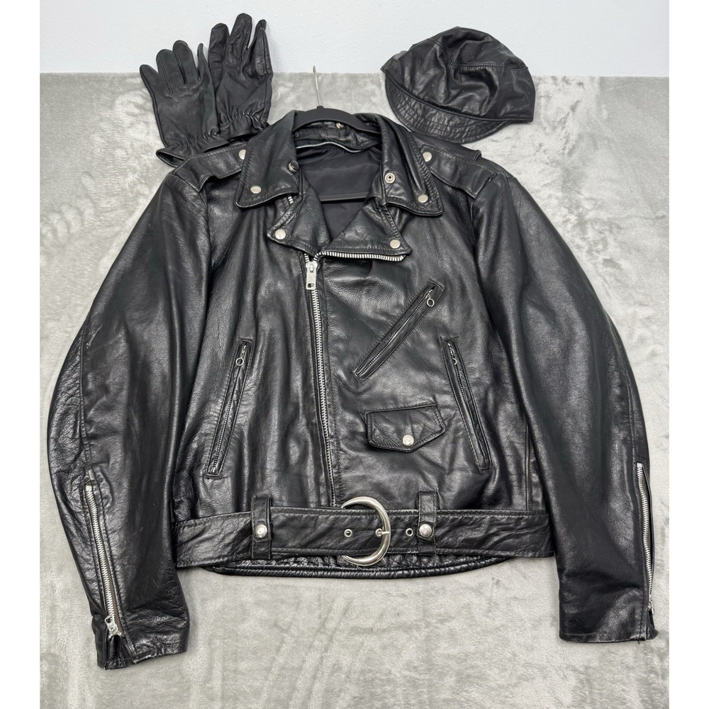 Vintage Moto Biker Jacket Mens Medium Leather Cafe Racer Gloves Belt Hat 90s Y2K